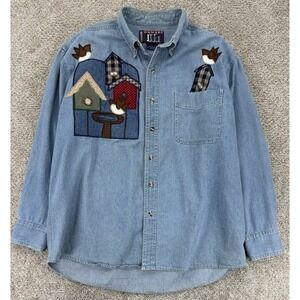 Vintage Danare Denim Shirt Womens L Blue Embroidered Cottage Ranch Farm Barnwear